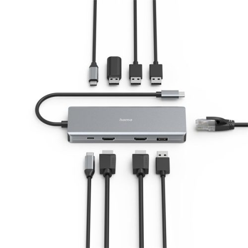 Hama USB HUB - 200142 (USB-C 9in1, 4xUSB 3.1, 2xUSB-C, 2xHDMI, 1xLAN, 100W PD, szürke)