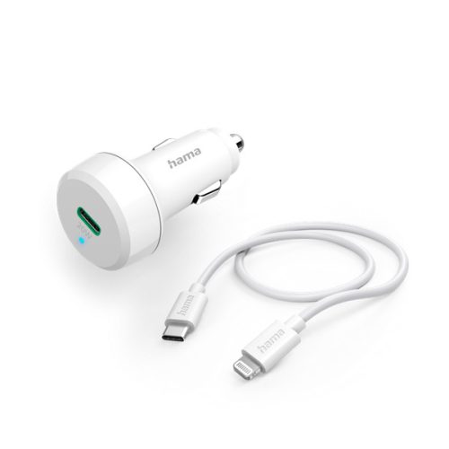 Hama Autós töltő - 201611 (Szivargyújtós, +USB-C to Lightning adatkábel, PD/QC, 20W, 1m, fehér)