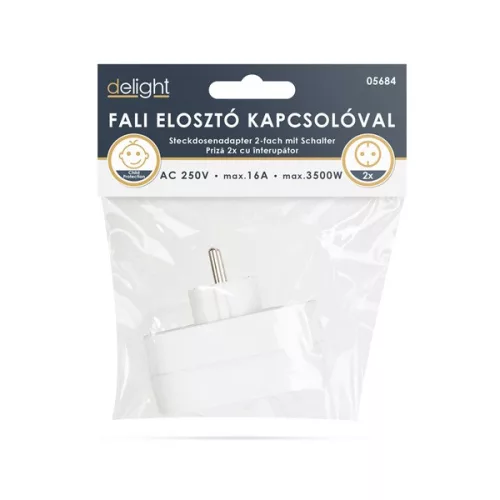 Delight 2-as fali elosztó, kapcsolóval, földelt, gyerekvédelemmel