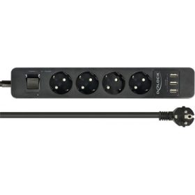   Delock Fekete színu négy foglalatú hosszabbítós konnektor USB töltovel és kisülés védelemmel