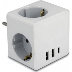  Delock 3-oldalú multi-csatlakozó kocka gyerekzárral és USB töltőfelülettel, fehér