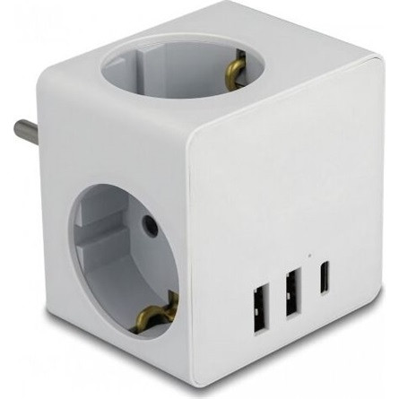 Delock 3-oldalú multi-csatlakozó kocka gyerekzárral és USB töltőfelülettel, fehér