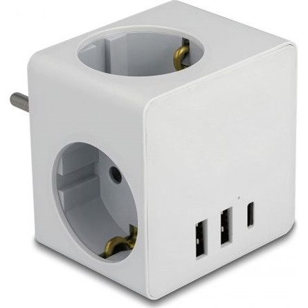 Delock 3-oldalú multi-csatlakozó kocka gyerekzárral és USB töltőfelülettel, fehér