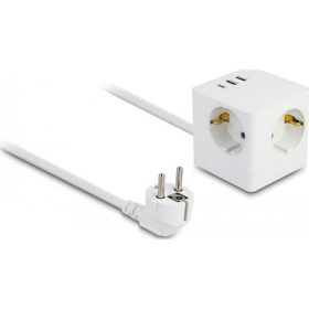   Delock 3 nyílásos csatlakozó kocka hosszabbító gyerekzárral és USB töltővel, valamint 1,5 m fehér
