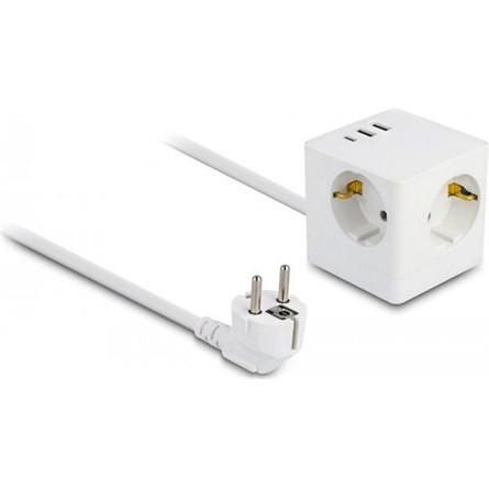 Delock 3 nyílásos csatlakozó kocka hosszabbító gyerekzárral és USB töltővel, valamint 1,5 m fehér