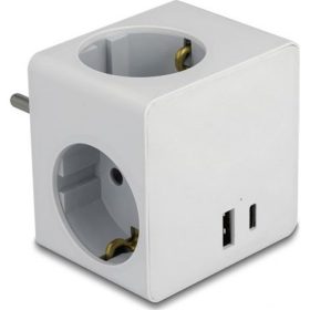   Delock Többszörös csatlakozót tartalmazó kocka, három irányú gyerekzárral és USB PD 3.0 töltővel, 20 W, fehér színben