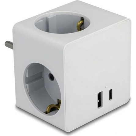 Delock Többszörös csatlakozót tartalmazó kocka, három irányú gyerekzárral és USB PD 3.0 töltővel, 20 W, fehér színben