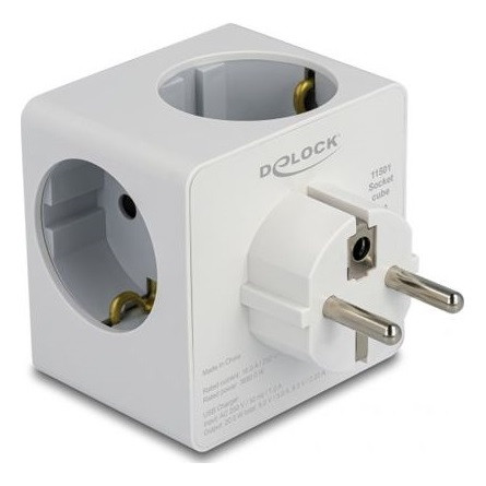 Delock Többszörös csatlakozót tartalmazó kocka, három irányú gyerekzárral és USB PD 3.0 töltővel, 20 W, fehér színben