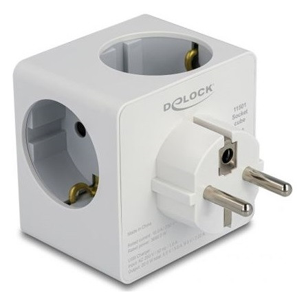 Delock Többszörös csatlakozót tartalmazó kocka, három irányú gyerekzárral és USB PD 3.0 töltővel, 20 W, fehér színben