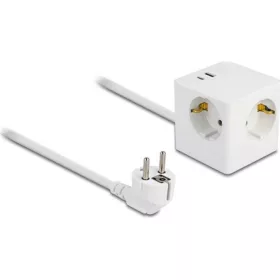   Delock Kibővítő csatlakozó kocka 3 irányú gyerekzárral és USB PD 3.0 töltővel 20 W, 1,5 m hosszú kábellel, fehér színű