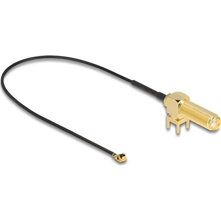 Delock Antenna kábel SMA 90  PCB anya válaszfali csatlakozóval apa I-PEX Inc., MHF  I-dugó 1.13 25 cm menethossz 15 mm