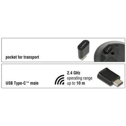 Delock Optikai USB Type-C háromgombos mini egér, 2,4 GHz-es, vezeték nélküli