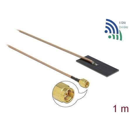 Delock WLAN 802.11 ac/ax/a/h/b/g/n Antenna, SMA csatlakozódugó, 0,5 - 1,2 dBi, RG-178 1 m-es NYÁK-la