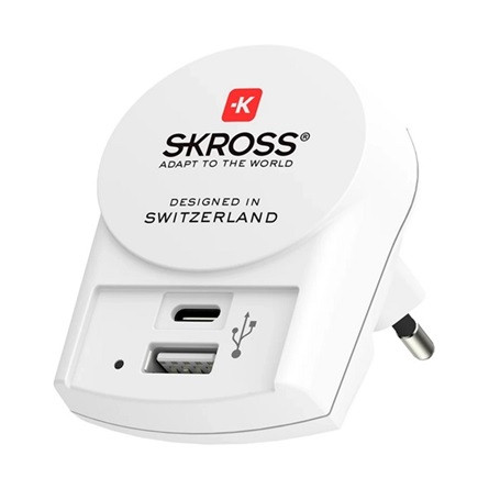 SKROSS PRO+ utazó töltő USB+Type-C aljzat 250V/7A, földelt, FEHÉR