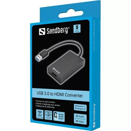 Sandberg 134-42 USB-A 3.0 -> HDMI 1.3 M/F adapter fekete