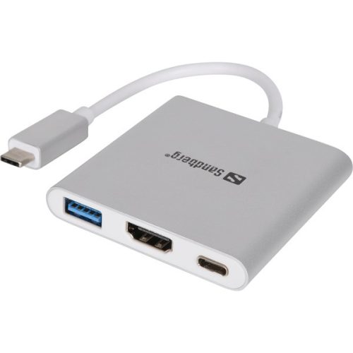 Sandberg Kábel Átalakító - USB-C Mini Dock HDMI+USB (ezüst; USB-C bemenet; HDMI+USB3.0+USB-C power kimenet)