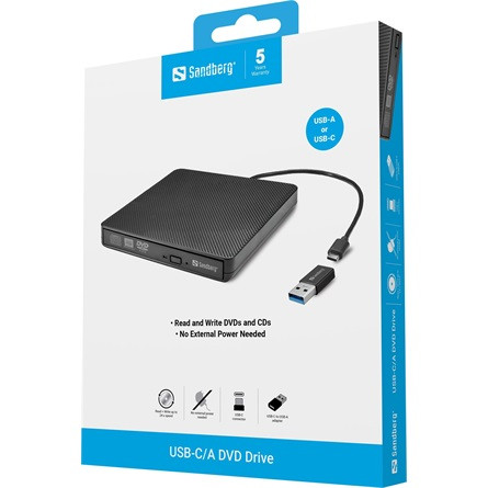 Sandberg 136-62 külső slim DVD író USB-C/A fekete BOX
