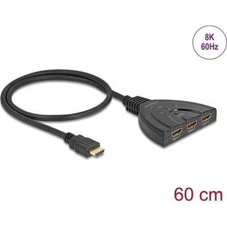 Delock HDMI switch 3 x HDMI bemenet - 1 x HDMI kimenet 8K 60 Hz, integrált kábellel 60 cm
