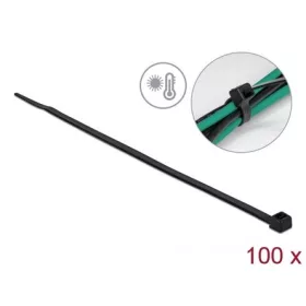  Delock Kábelkötöző ellenáll a forró hőmérsékletnek hossza 380 x szélessége 4,8 mm, 100 db. Fekete