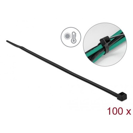 Delock Kábelkötöző ellenáll a forró hőmérsékletnek hossza 380 x szélessége 4,8 mm, 100 db. Fekete