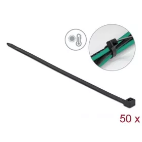   Delock Kábelkötöző ellenáll a forró hőmérsékletnek hossza 380 x szélessége 7,6 mm, 50 db. Fekete