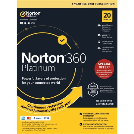 Norton SW Norton 360 Platinum - 21428042 - 100GB HU 1 felhasználó, 20 eszköz/1 év, dobozos