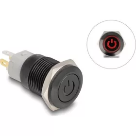   Delock Nyomó gomb beszereléshez fekete 16 mm 12 V 5 x forrasztási csatlakozás LED piros bekapcsolás szimbólum + gyűrű