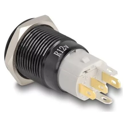 Delock Nyomó gomb beszereléshez fekete 16 mm 12 V 5 x forrasztási csatlakozás LED piros bekapcsolás szimbólum + gyűrű