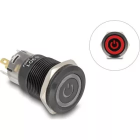   Delock Nyomó gomb beszereléshez fekete 19 mm 12 V 5 x forrasztási csatlakozás LED piros bekapcsolás szimbólum + gyűrű