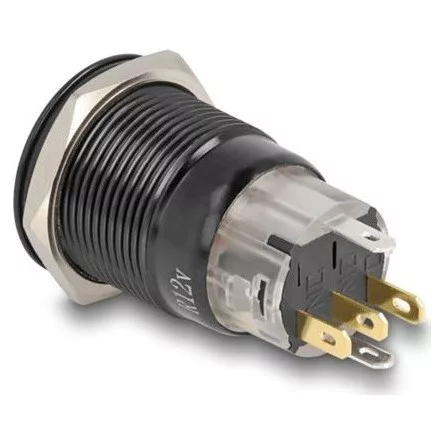 Delock Nyomó gomb beszereléshez fekete 19 mm 12 V 5 x forrasztási csatlakozás LED piros bekapcsolás szimbólum + gyűrű