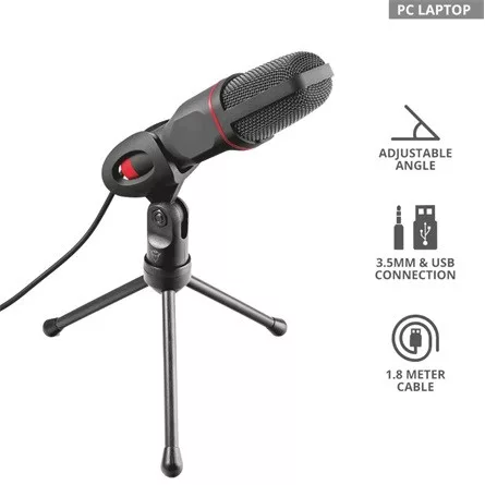Trust Mikrofon - GXT 212 Mico (Studió design; 3,5mm jack + USB adapter; 180cm kábel; állvány; fekete-vörös)