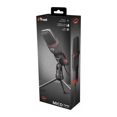 Trust Mikrofon - GXT 212 Mico (Studió design; 3,5mm jack + USB adapter; 180cm kábel; állvány; fekete-vörös)