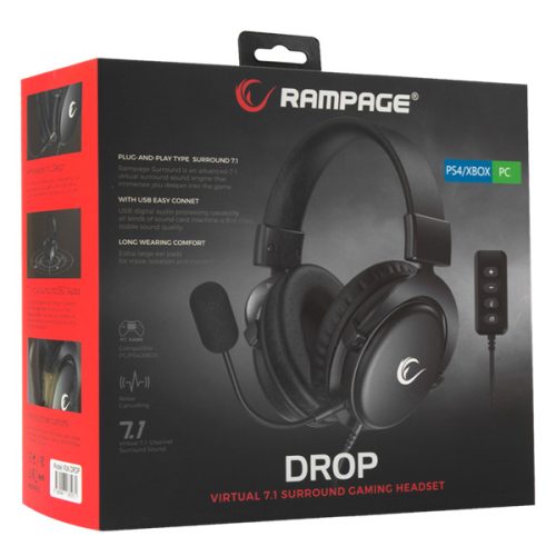Rampage Fejhallgató - R36 DROP (7.1, mikrofon, USB, hangerőszabályzó, nagy-párnás, 2.2m kábel, fekete)