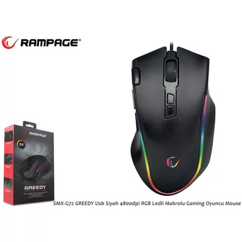 Rampage Egér Gamer - SMX-G72 GREEDY RGB (4800DPI, 8 gomb, makro, RGB LED, 1,7M kábel, fekete)