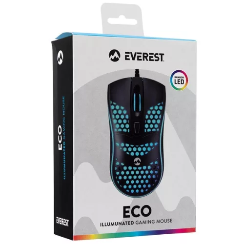 Everest Gamer Egér - SM-654 ECO (1600 DPI, 4gomb, 1,2m harisnyázott kábel,optikai, fekete, RGB LED)