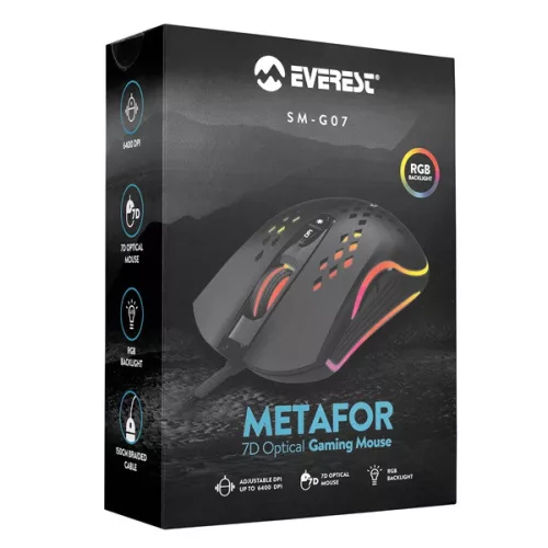 Everest Gamer Egér - SM-G07 METAFOR  (6400 DPI, 7gomb, 1,5m harisnyázott kábel,optikai, fekete, RGB LED)