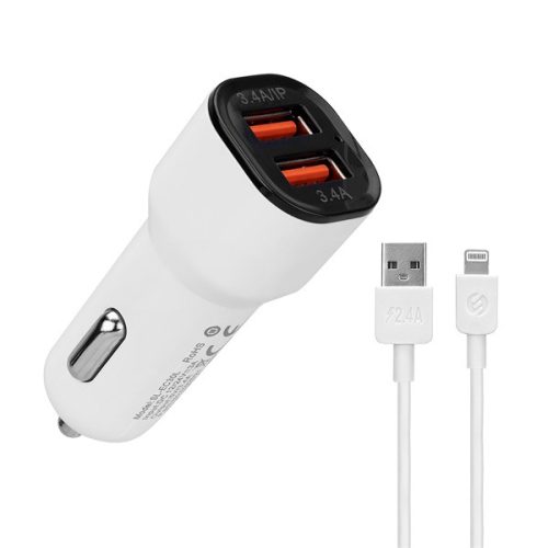 S-Link Autós töltő - SL-EC30L (2db USB, 5V/2.4A/3,4A, 17W, Lightning, 100cm adat+töltőkábel, fehér)