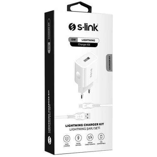 S-Link Hálózati töltő - AND-EC14B Lightning  (1db USB, 5V/1A, 5W, Lightning-USB 100cm adat+töltőkábel, fehér)