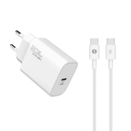 S-Link Hálózati töltő - SL-EC62TP (20W, QC4.0 Gyorstöltés,Type-C to Type-C, 100cm adat+töltőkábel, fehér)