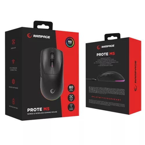 Rampage Vezeték Nélküli Egér - PROTE M5 (PAW3311, Huano 80M, 2400DPI, 400mAh, 6 gomb, RGB, Type-C, fekete)