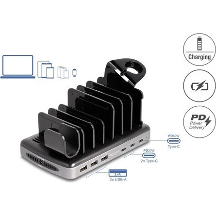 Delock USB töltőállomás 3 db. USB Type-C  PD-vel és 3 db. USB A-típusú csatlakozási felülettel (112 W)