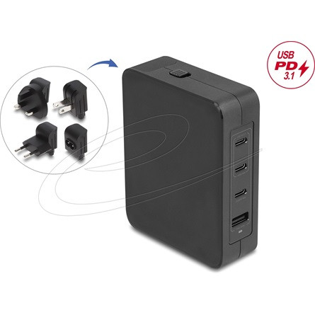 Delock USB GaN töltő 3 x USB Type-C  PD 3.1 és 1 x USB Type-A 145 W teljesítménnyel, tápadapterrel az EU/USA/UK számára