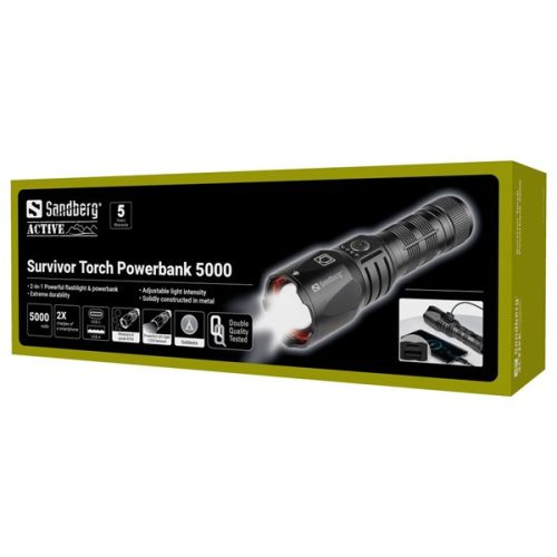 Sandberg Akkubank - Survivor Torch Powerbank 5000 IPX4, (zseblámpa, 1200 lumen, Bemenet: USB-C, Kimenet: USB-A)