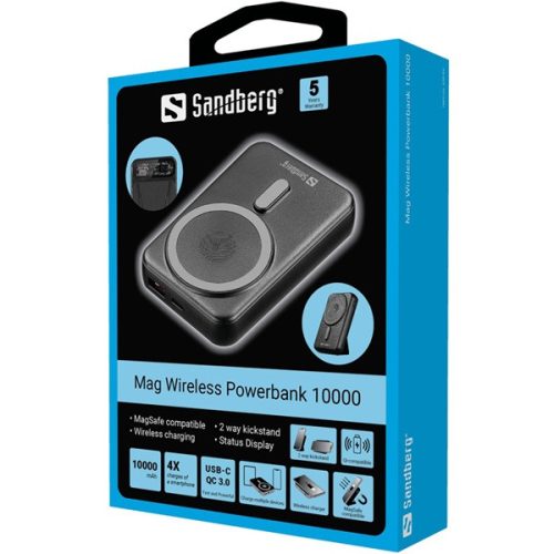Sandberg Akkubank - Mag Wireless Powerbank 10000 (Qi támogatás, MagSafe, USB-C+USB-A)