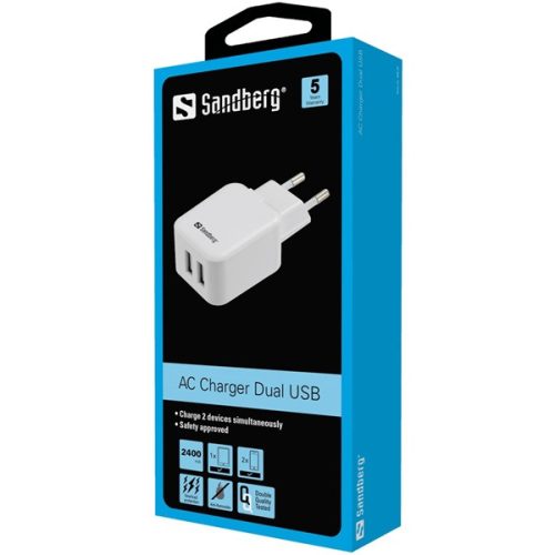SANDBERG 230V-os töltő, AC Charger Dual USB 2.4+1A EU