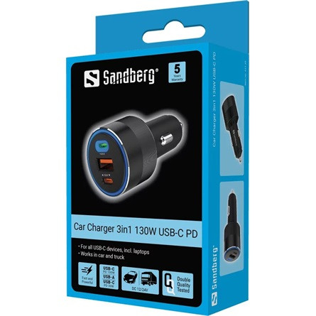 Sandberg 3in1 130W Car Charger 30W univerzális autós töltő adapter fekete (USB-C PD: 100W)