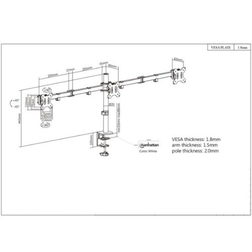 Manhattan asztali állvány -  Dupla karos, 3db monitor részére (max.VESA:75x75, 13"-27"-ig, 7kg, fekete)
