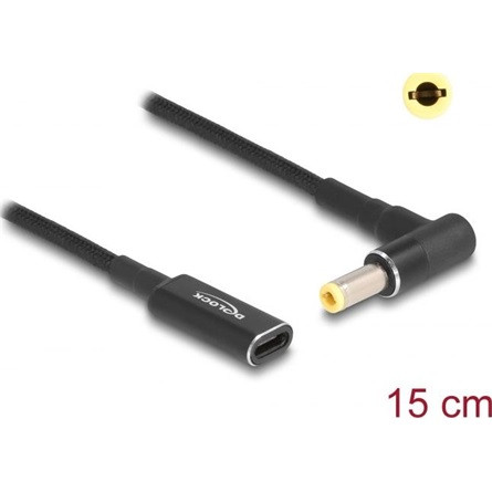 Delock USB-C -> DC 5,5 x 2,5mm F/M töltőkábel 0.15m fekete egyenes/90°