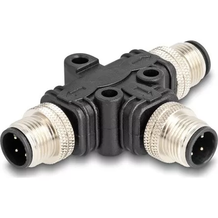 Delock M12 T-megosztó A-kódolt 4 tűs 1 x apa - 2 db. apa párhuzamos kapcsolással