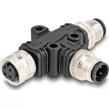 Delock M12 T-megosztó A-kódolt 4 tűs 1 x apa - 1 db. apa és 1 db. hüvely párhuzamos kapcsolással